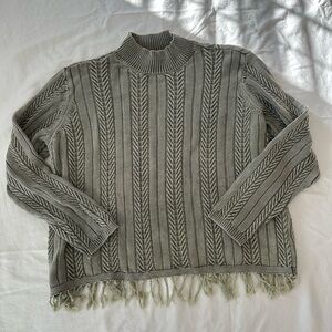 Tribal Women’s Sage Green Crew Neck Cable Knit Fringe Sweater Size XL